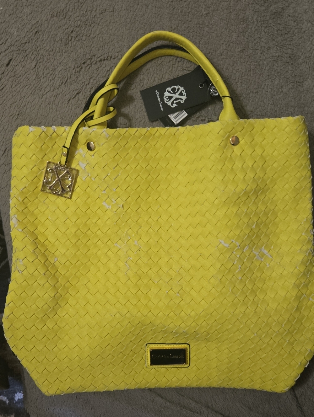 Christian Lacroix Bright Yellow Woven Tote with Gold Accent